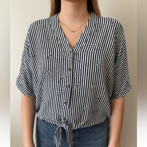 REITMANS | Navy and White Striped Linen Blend Button Up Short Sleeve Blouse